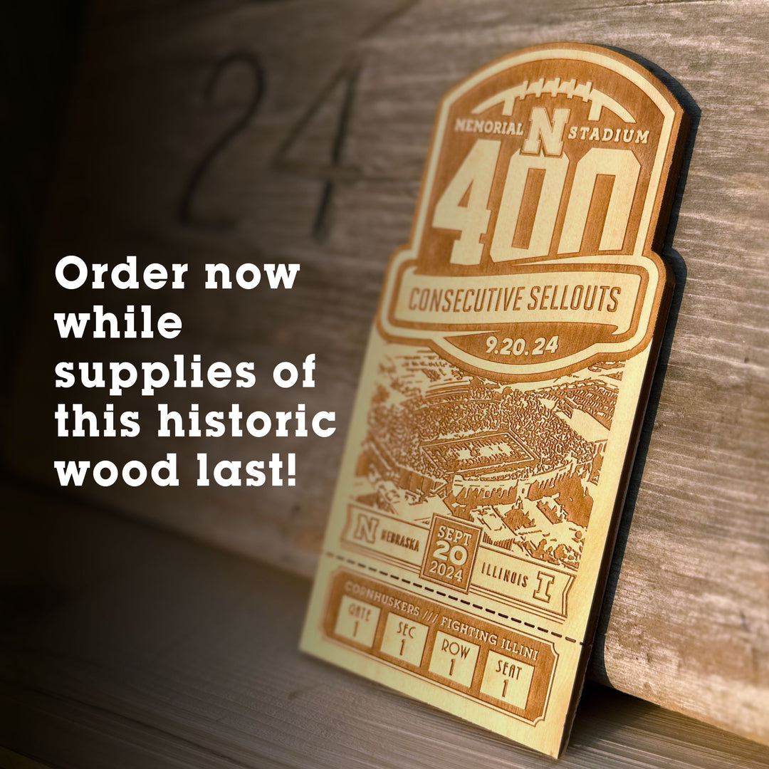 Limited Edition 400th Consecutive Sellout Commemorative Ticket – Made from Memorial Stadium Seat Wood